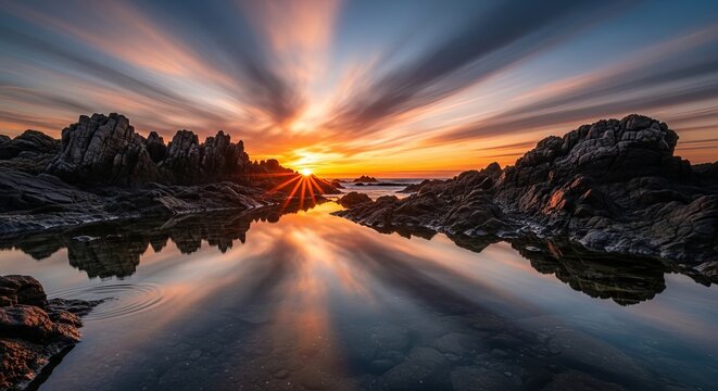 Dramatic Sunset Over Twin Sea Stacks with Coastal Reflection in Rock Pool