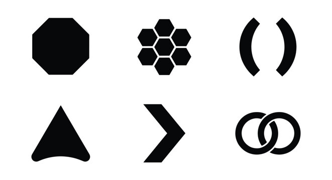 Minimalist black geometric icons set, collection of 6 abstract vector symbols, modern flat graphic elements for logo design and branding