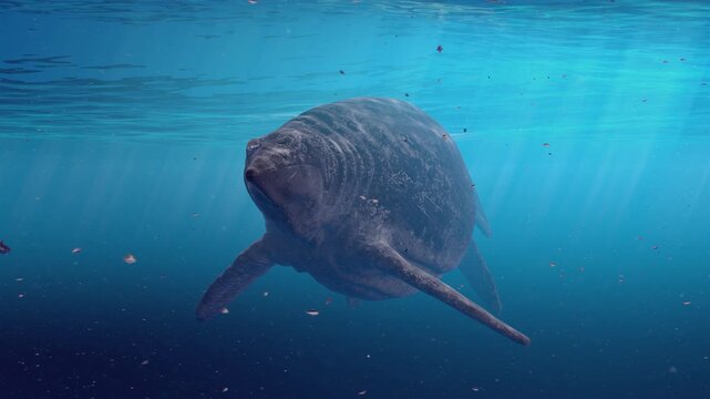 Realistic 3D computer animation of a lone Shastasaurus, the largest known marine reptile from the Triassic period, majestically swimming left through its ancient environment.