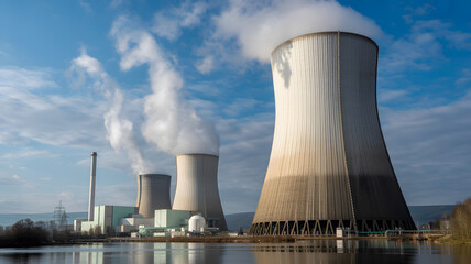 Obraz premium A nuclear power plant with cooling towers emitting steam into a blue sky on transparent background