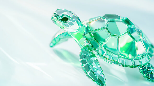 Transparent green glass sea turtle on a pale blue surface. Faceted crystal marine animal with prismatic reflections. Abstract aquatic element for hydration concepts