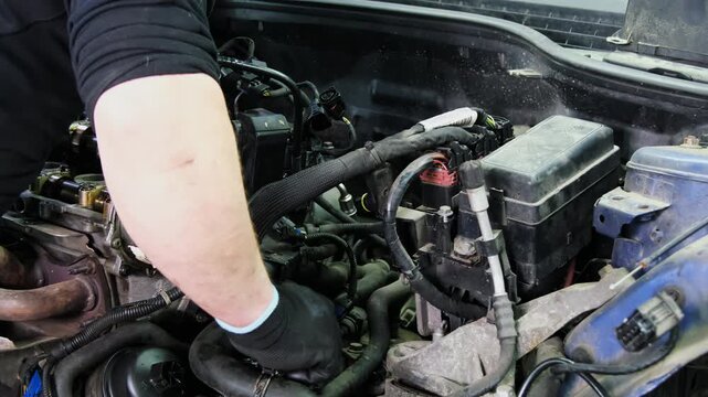 Mechanic inspects engine compartment of vehicle during shift. Specialist assesses condition of car components performing special repair work