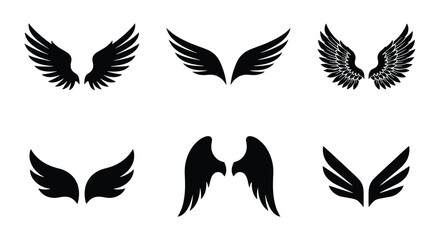 Black wing silhouettes set, 6 pairs of decorative bird and angel wings, heraldic wing icons for logo design and tattoo art, vector feather elements © Anwar