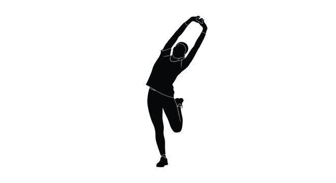 Silhouette of a person stretching with one leg raised and arm extended