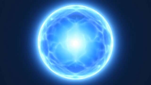 Static shot of glowing blue energy orb pulsing in dark space studio with radiating light and subtle surface motion