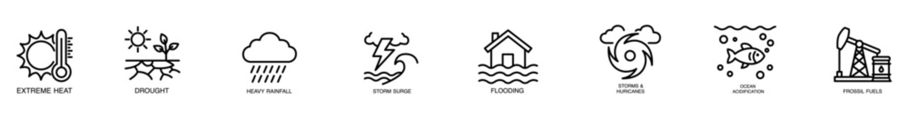 Obraz premium Climate change extreme heat drought heavy rainfall storm surge flooding hurricane ocean acidification line icon set for environmental risk weather hazard fossil fuel pollution concept