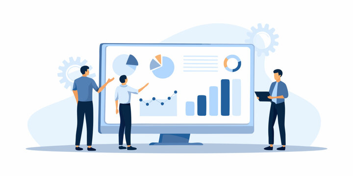 Team analyzing data and charts on a large computer screen
