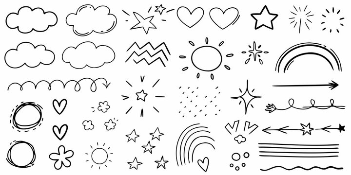 Collection of hand drawn doodle elements clouds stars hearts and suns