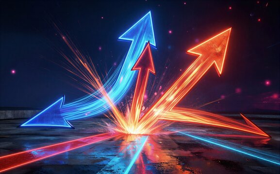 Vibrant blue and red arrows collide in dynamic neon glow on wet urban