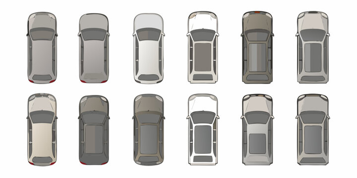 Overhead view of twelve generic suv or crossover vehicles arranged in rows