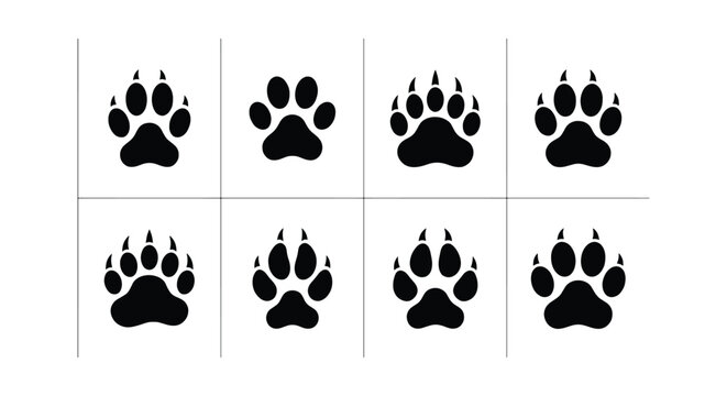 Animal paw print vector set, black bear and predator footprints with claws, 8 wildlife track icons for hunting and nature design