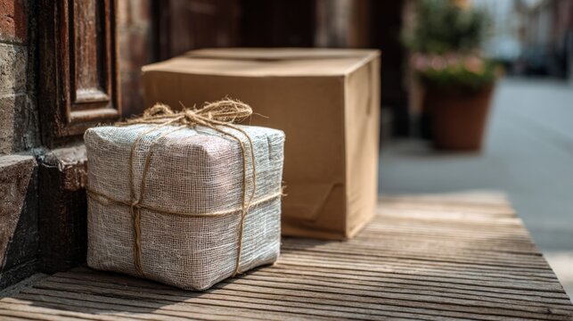 Wrapped package with white plastic wrap and twine resting on wooden surface near doorway