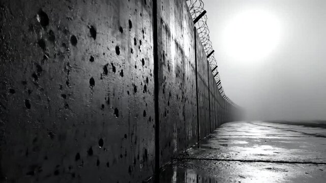 Monochromatic scene of a long concrete wall with barbed wire, and a wet road disappearing into a hazy, bright, and foggy horizon