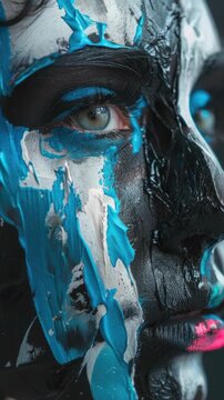 A close-up shot of a face with dramatic blue and black paint application, giving an impression of abstract artistry or artistic expression.