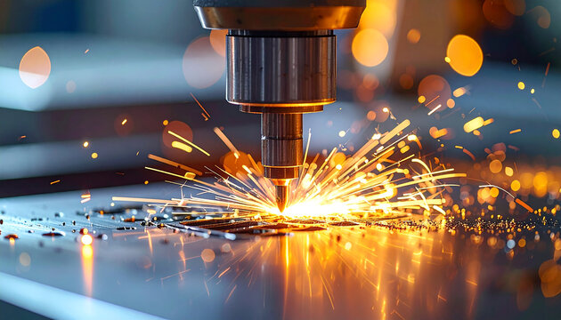 Sparkling Precision: An industrial close-up of a high-tech machine diligently at work, its focused laser beam creating a spectacle of bright sparks as it cuts precisely through a metal surface. 
