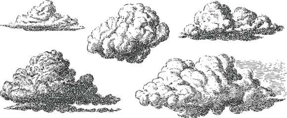 Naklejka premium vintage hand drawn clouds set various fluffy cloud illustrations in black and white for design and decoration