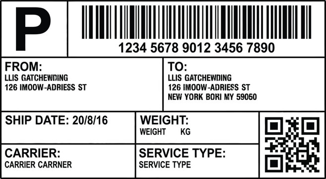 Shipping label template, parcel shipping form, package delivery note, address label vector