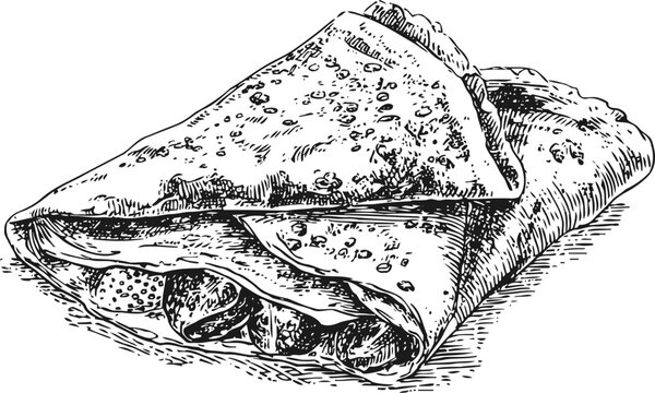Hand drawn crepe illustration with folded soft pancake, savory filling, rustic food art sketch