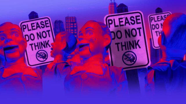 A group of faceless spinning mannequins and political statements contained on street signs on an endless loop.
