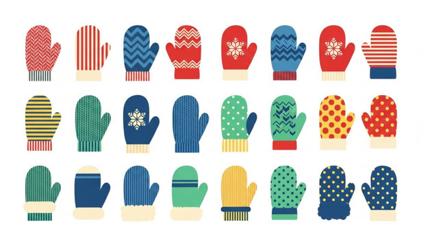 Winter mittens flat icon set with colorful knitted glove designs in grid layout vector illustration