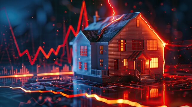 Concept of real estate bankruptcy and financial ruin where a house is destroyed by a sharp economic line. Representing the devastating impact of debt on property ownership.