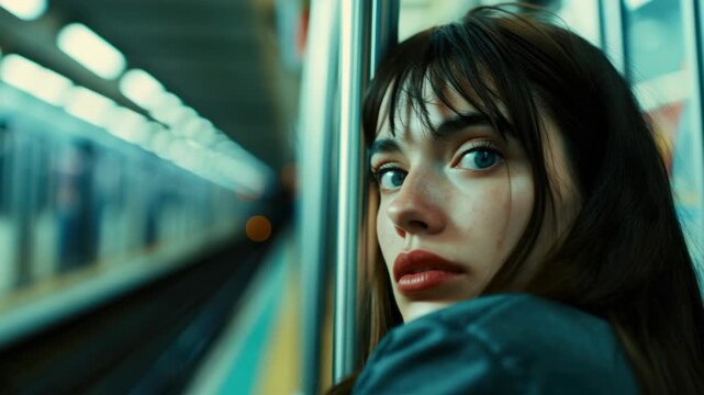 A woman with a pensive look on her face while standing in a subway train car.