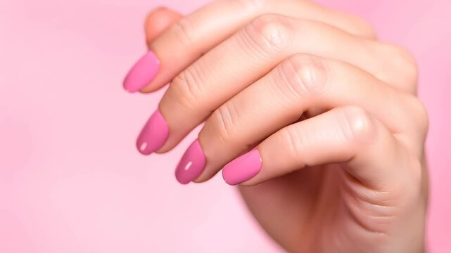 Woman showing pink nail polish on her hand closeup