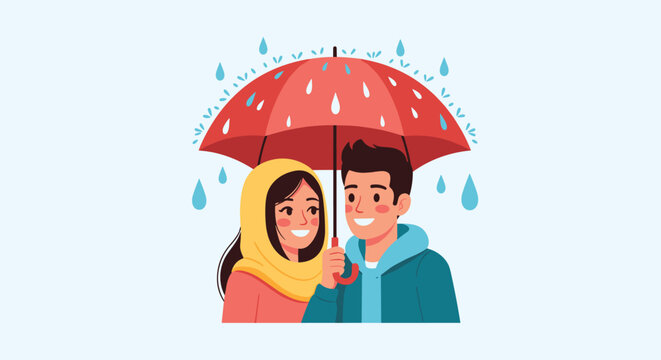 Romantic couple sharing a red umbrella and smiling at each other while walking through gentle rain against a light blue background.