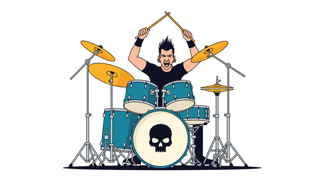 Energetic male drummer with spiked hair playing a blue drum kit with a skull logo during a rock music concert performance.