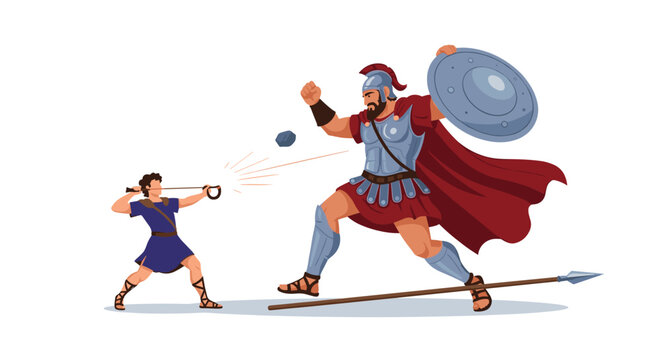 Biblical scene of young david using a sling to fight against giant armored goliath in a test of courage and faith.