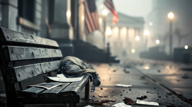 An empty wooden bench covered in old newspapers and a worn blanket in a foggy square. Concept of social crisis, housing policy, and government indifference.