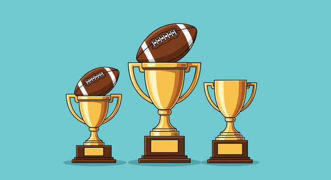 Collection of three golden championship trophies of different heights featuring American footballs on top against blue.