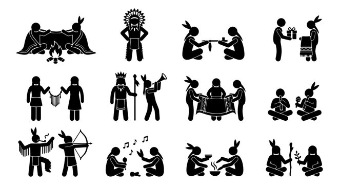 Native American indigenous people stick figure icons, tribal culture and traditional ceremony vector set, ethnic heritage and ancient lifestyle symbols