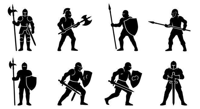 Medieval knight silhouette set, 8 armored warrior icons with swords and shields, black soldier vector illustrations for gaming and historical design