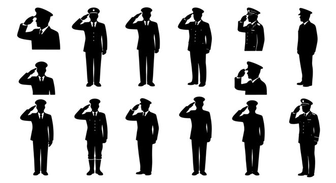 Military soldier silhouette set, army officer saluting in uniform icons, black silhouettes of navy and air force personnel for memorial day designs