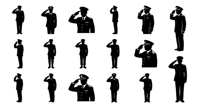 Military officer saluting silhouette collection, set of 17 soldier silhouettes in uniform, army personnel and navy captain icons for memorial day