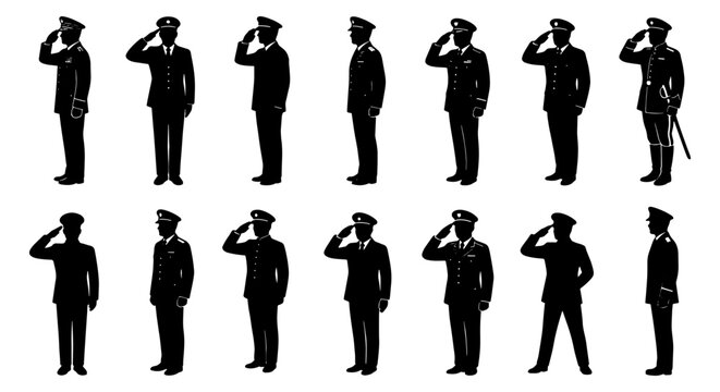 Military officer silhouette set, 14 soldier figures in uniform saluting, army personnel in formal dress, police and security guard vector icons