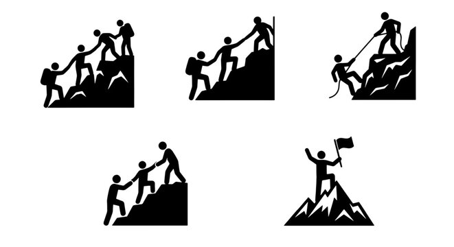 Mountain climbing teamwork icons, black silhouette set of hikers helping each other reach the summit, business leadership and partnership concept vector