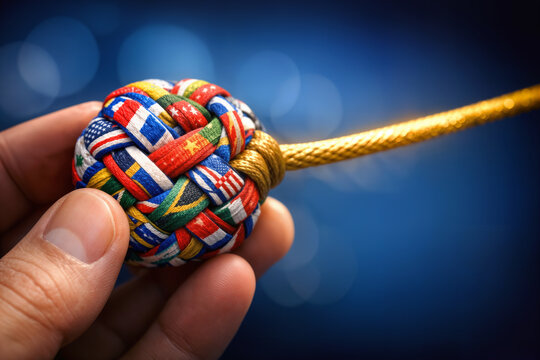 United Nations 81st Session General Debate symbolic macro of hand holding knot of UN member state flag threads weaving into single golden cord unity global cooperation diplomacy