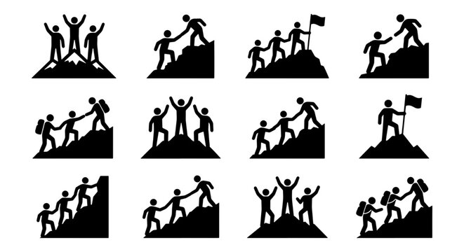 Teamwork and leadership icons set, mountain climbing silhouettes representing business success, 12 vector elements of people helping each other reach the summit