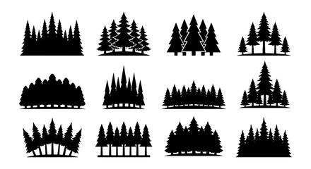 Fototapeta premium Pine tree forest silhouettes set, 12 evergreen conifer wood icons, black spruce and fir tree landscape elements for outdoor adventure logos