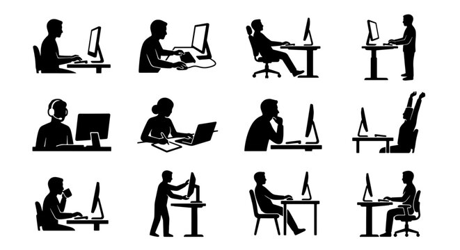Office worker silhouettes set, 12 icons of people working at desks with computers, business employees in various ergonomic sitting and standing postures