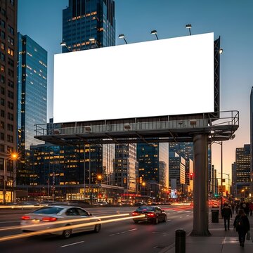 Blank Billboard in City Street at Dusk with Traffic.