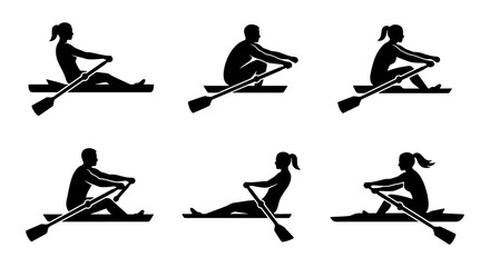 Rowing athlete silhouette set, professional rower in sculling boat vector, water sports competition icons, 6 black rowing figures on white background © PixelArtBox