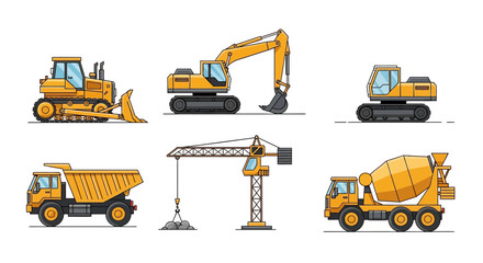 Set of yellow construction vehicles: bulldozer, excavator, dump truck, crane, concrete mixer, digger © Citra