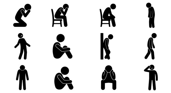 Depressed stick figure icon set, sad man in various poses of grief and loneliness, 12 black vector silhouettes representing mental health and sorrow