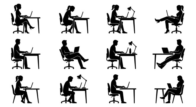 Office worker silhouettes set of 12 vector icons, business people working at desks with laptops, professional employees in various sitting postures