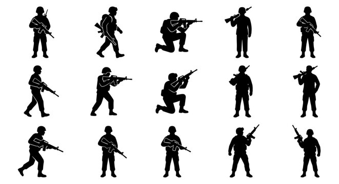 Military soldier silhouettes set, 15 army infantry vector icons, armed special forces personnel in combat poses, tactical warrior figures for gaming