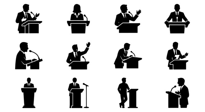 Public speaker silhouette icons, professional business presentation set of 12 vector elements, orator at podium with microphone, conference speech graphics