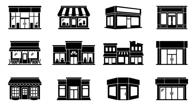 Storefront icon set with 12 black shop silhouettes, retail building exterior facades, commercial business storefronts for city maps and web design